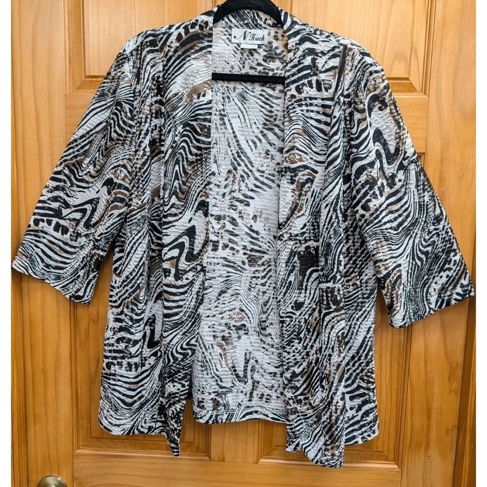 N Touch Size L Cardigan No Wrinkle 3/4 Sleeves Geometric Print Jacket Open Front
